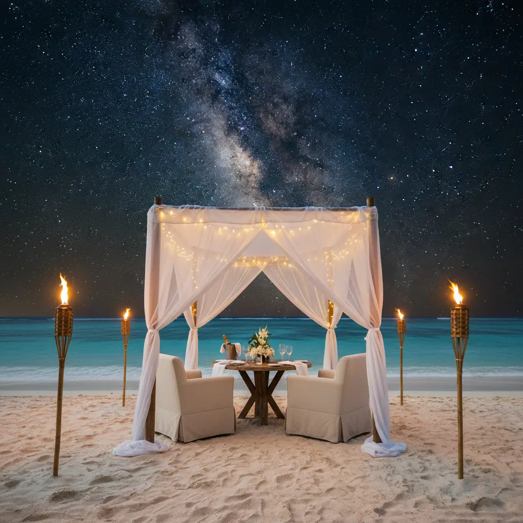 Romantic private beach dinner setup in Fiji