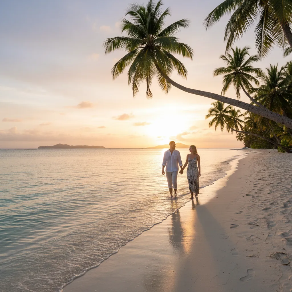 Couple walking on a Fijian beach at sunset