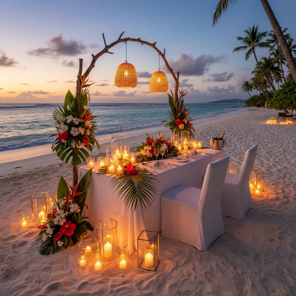 Private beach dinner setup in Fiji