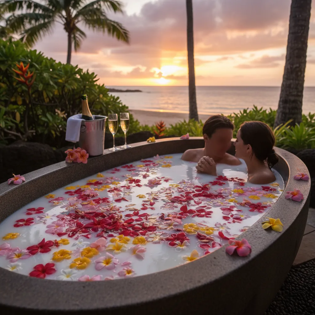 Romantic couples spa bath with flower petals and champagne