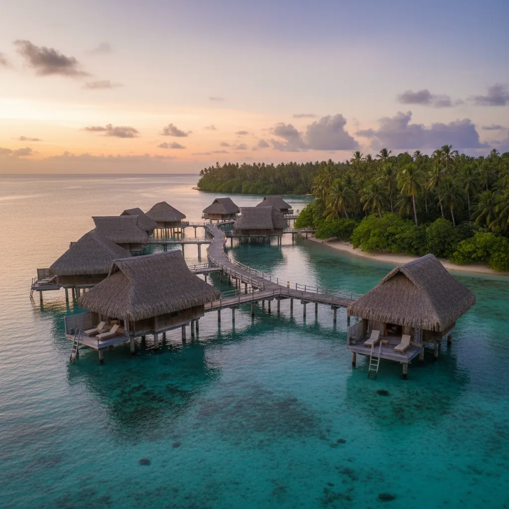 Likuliku Lagoon Resort Overwater Bures at Sunset