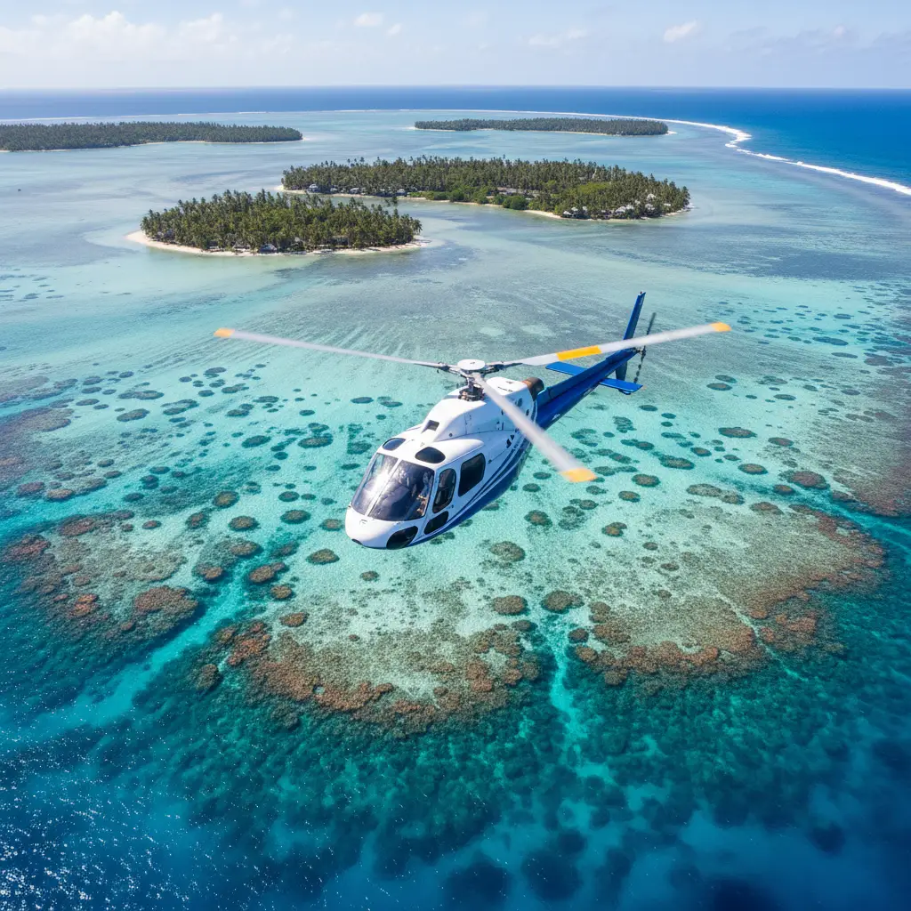 Aerial view of helicopter transfer Nadi to islands over turquoise reefs