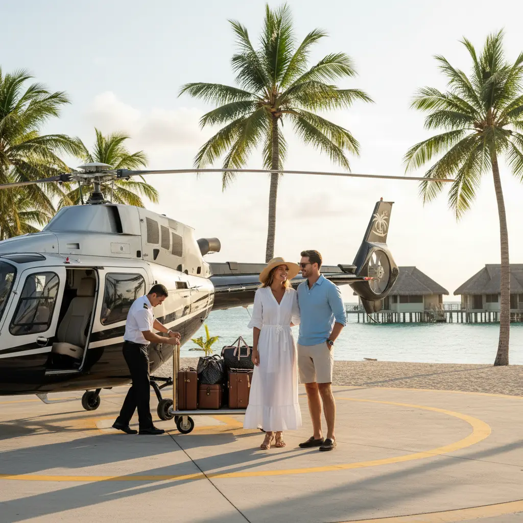 Luggage being unloaded from a helicopter transfer at a Fiji resort