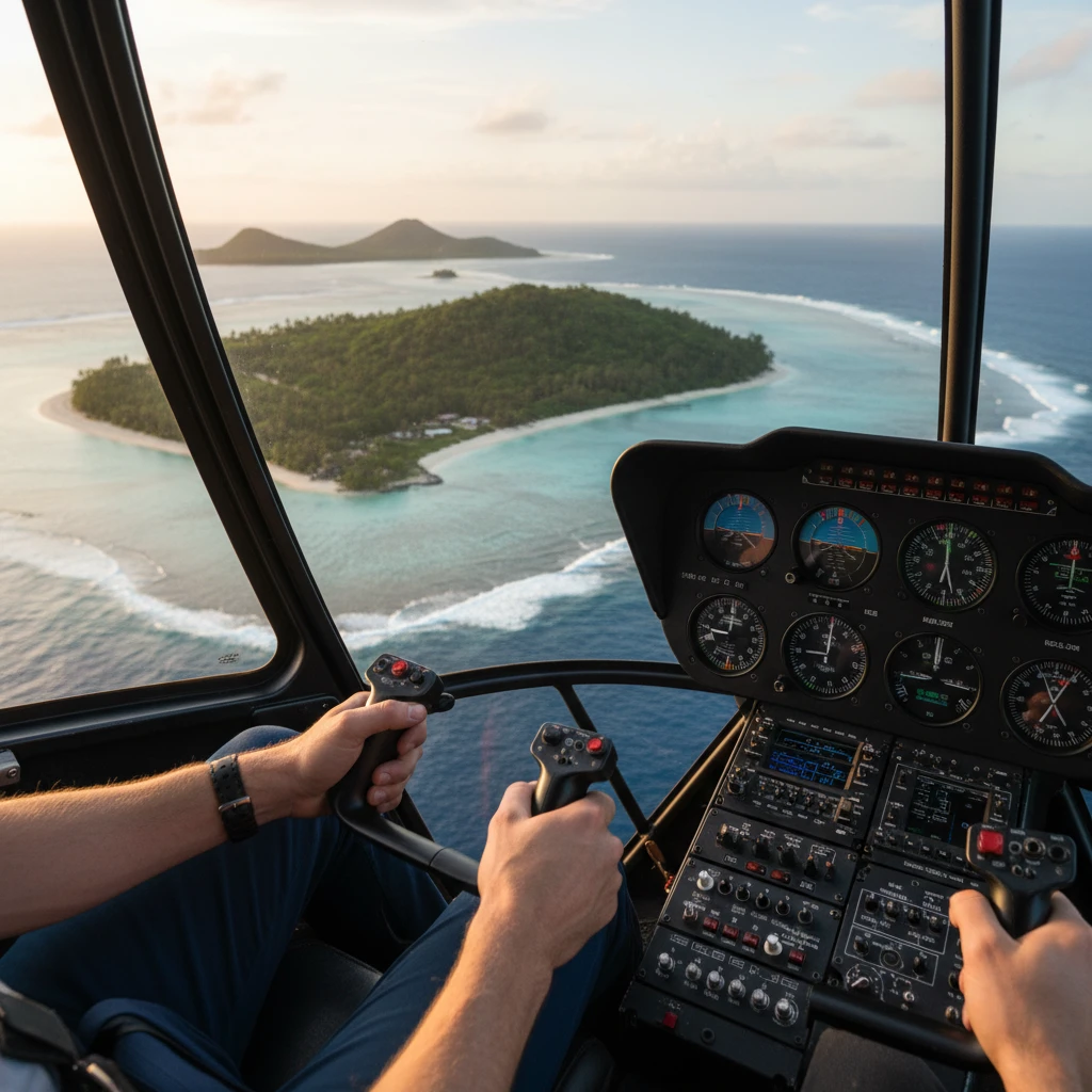 Cockpit view of Fiji islands during a helicopter transfer
