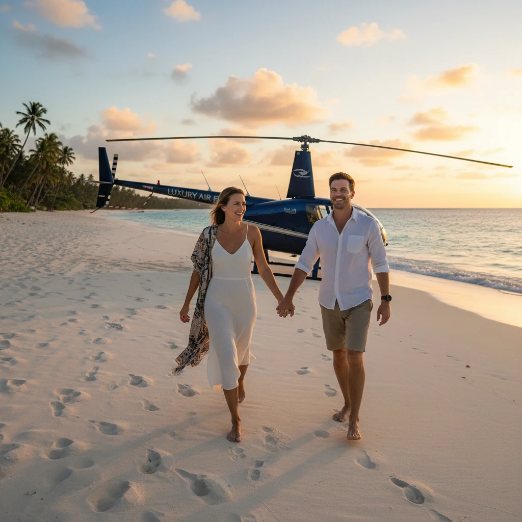 Couple arriving at Fiji island resort via helicopter