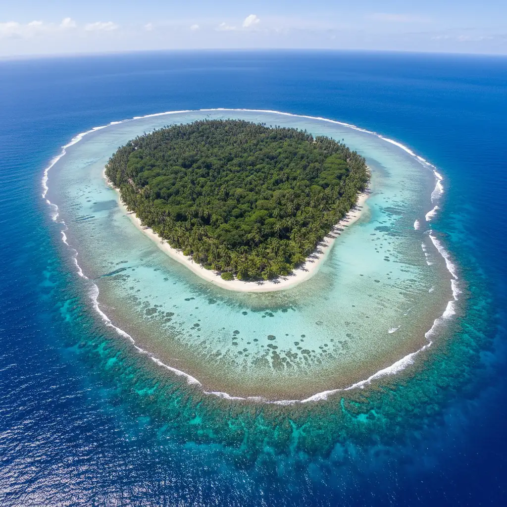 Aerial view of a private island rental in Fiji surrounded by coral reefs