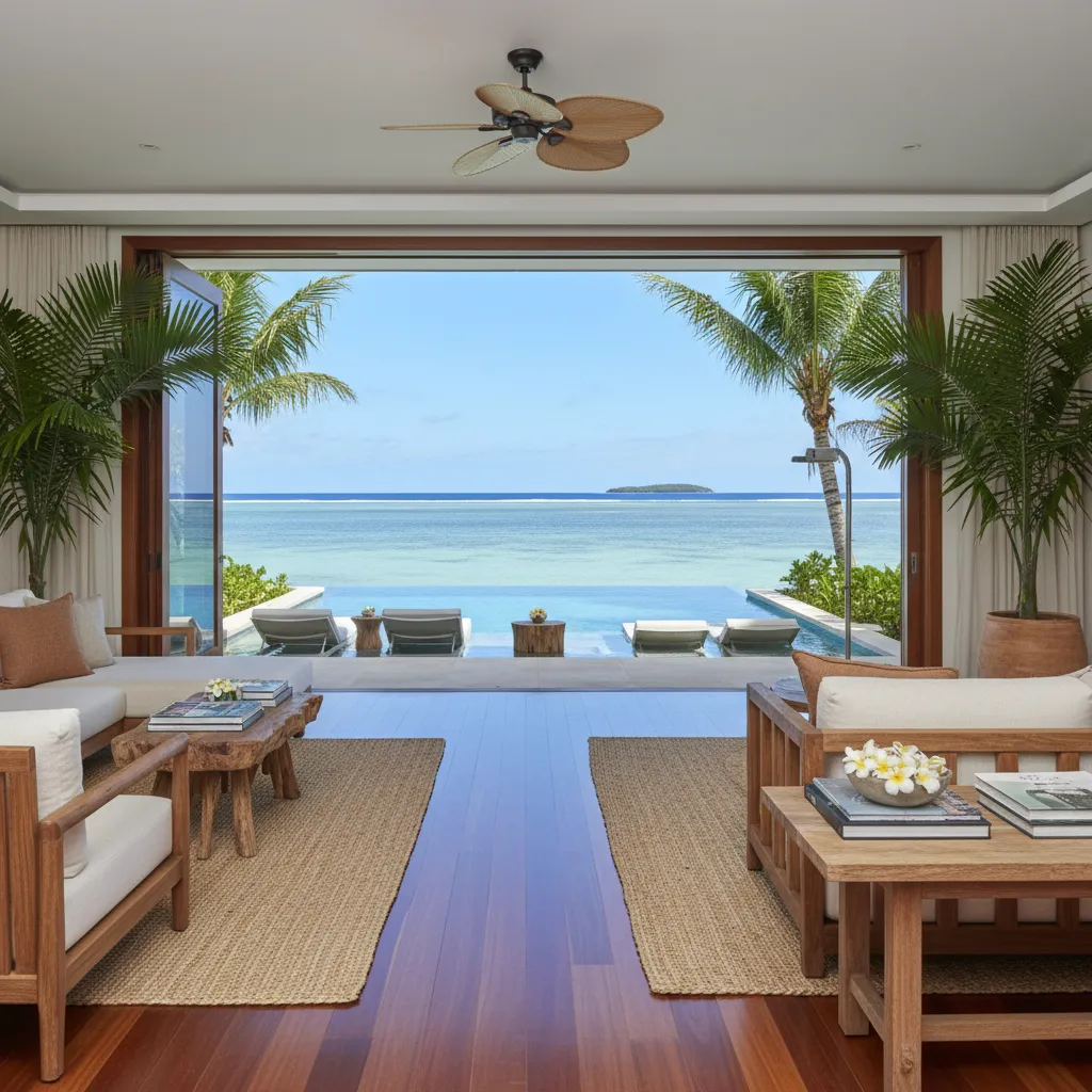 Luxury villa interior on Kokomo Private Island Fiji overlooking the ocean