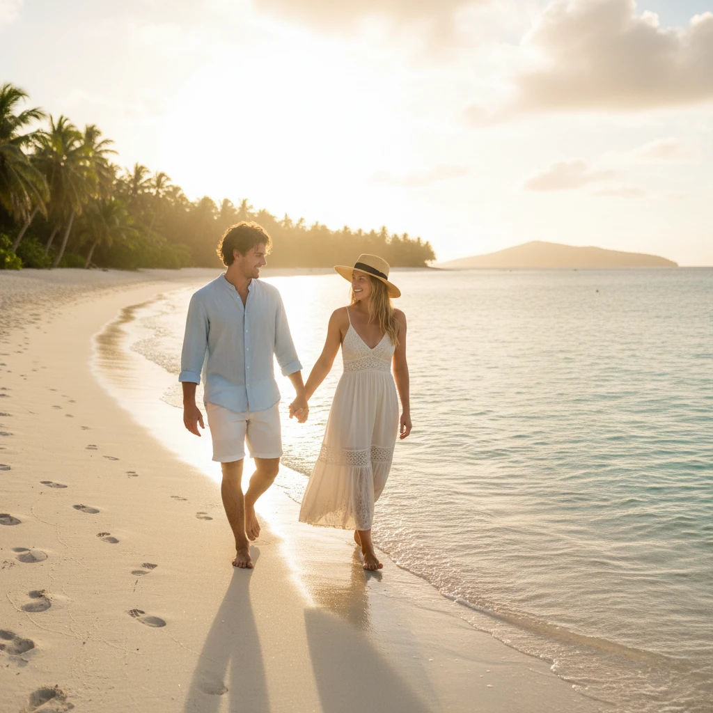 Couple walking on a white sand beach in Fiji during sunset