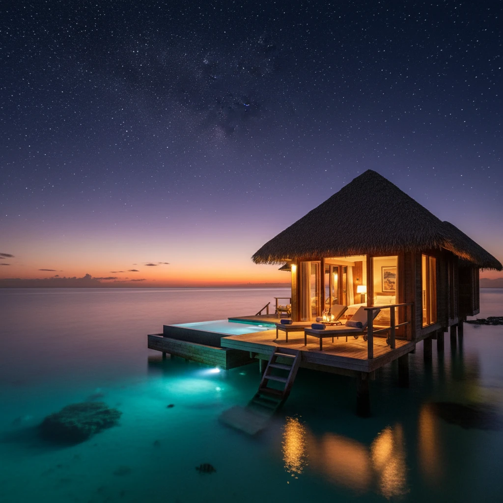 Luxury overwater bungalow in Fiji with private pool at night