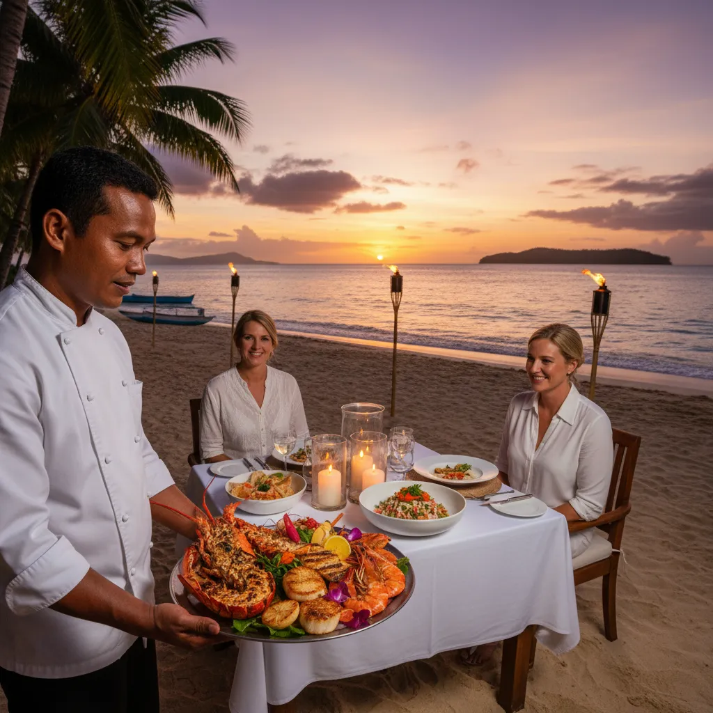 Private chef serving dinner on a Fiji beach at sunset