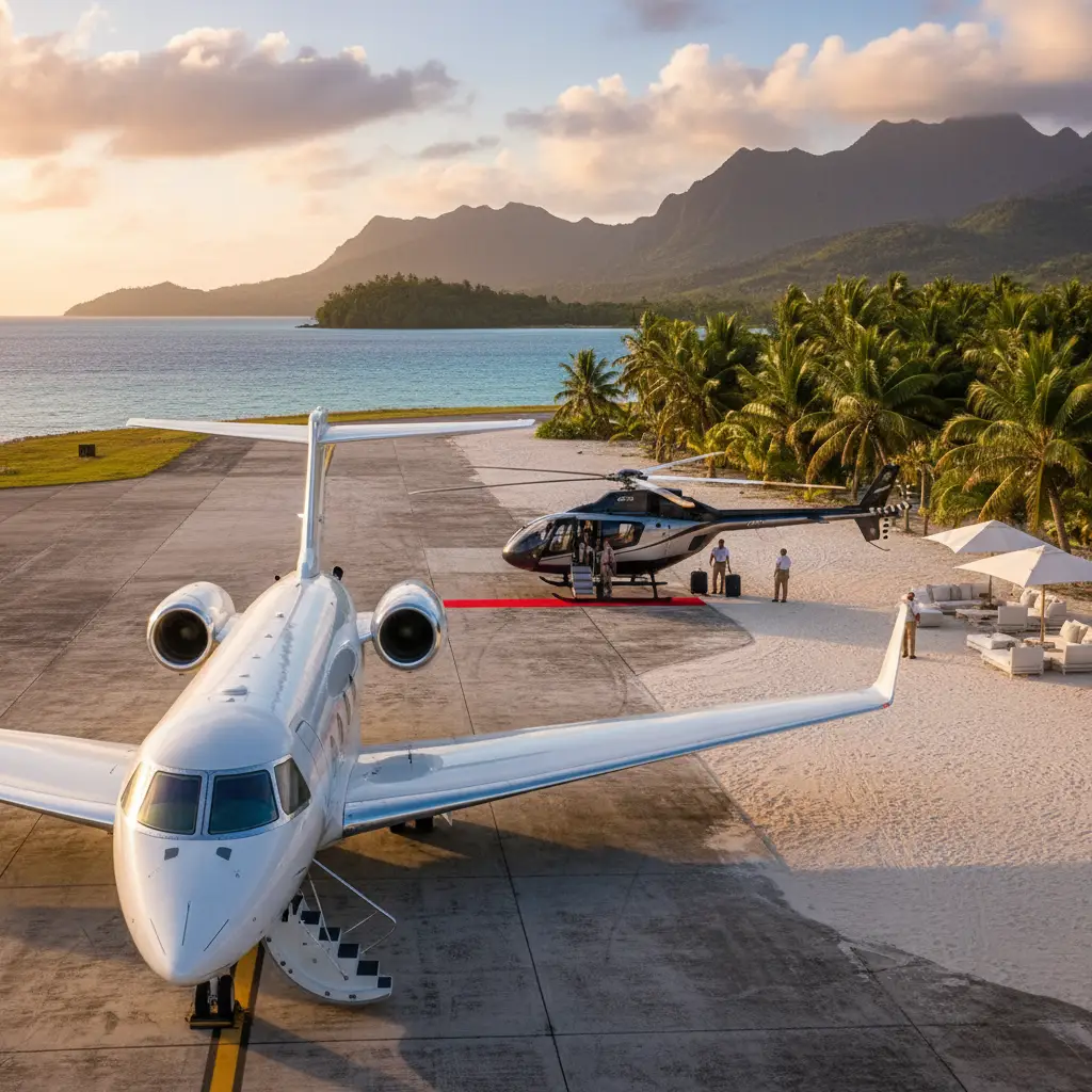 Private jet and helicopter transfer at a Fiji airfield