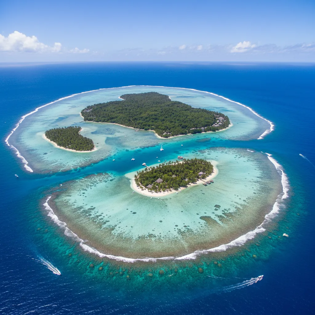 Aerial view of Mamanuca Islands coral reefs and ocean