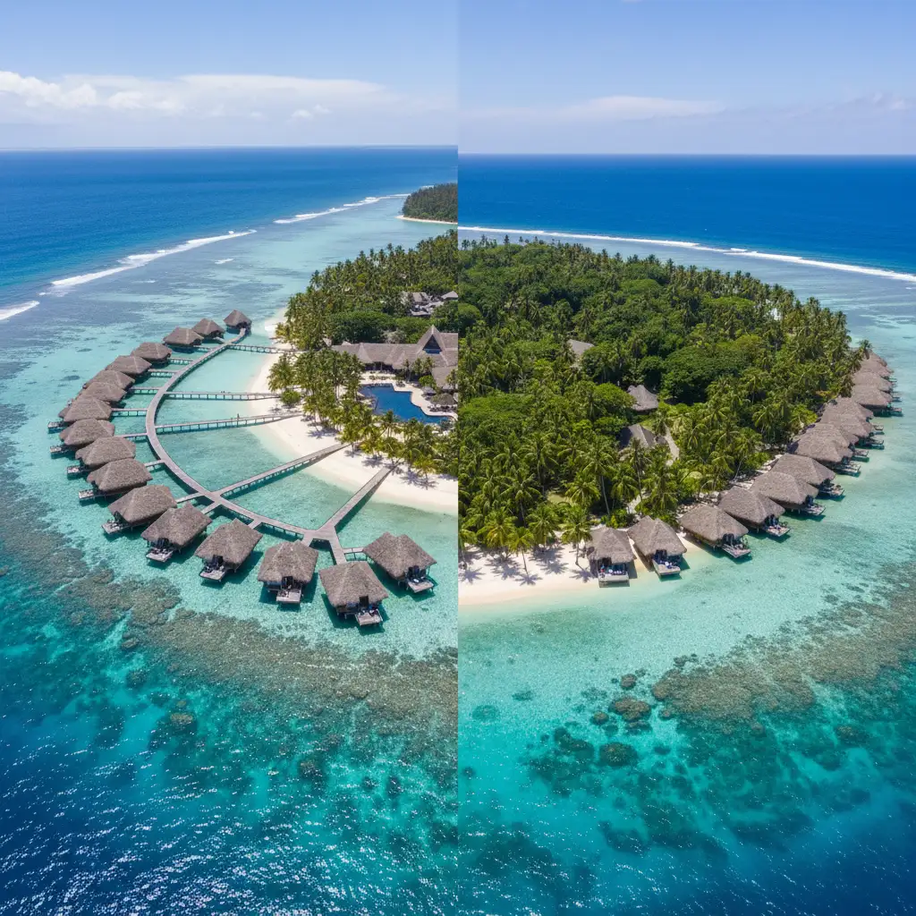 Aerial comparison of Likuliku Lagoon Resort and Tokoriki Island Resort locations