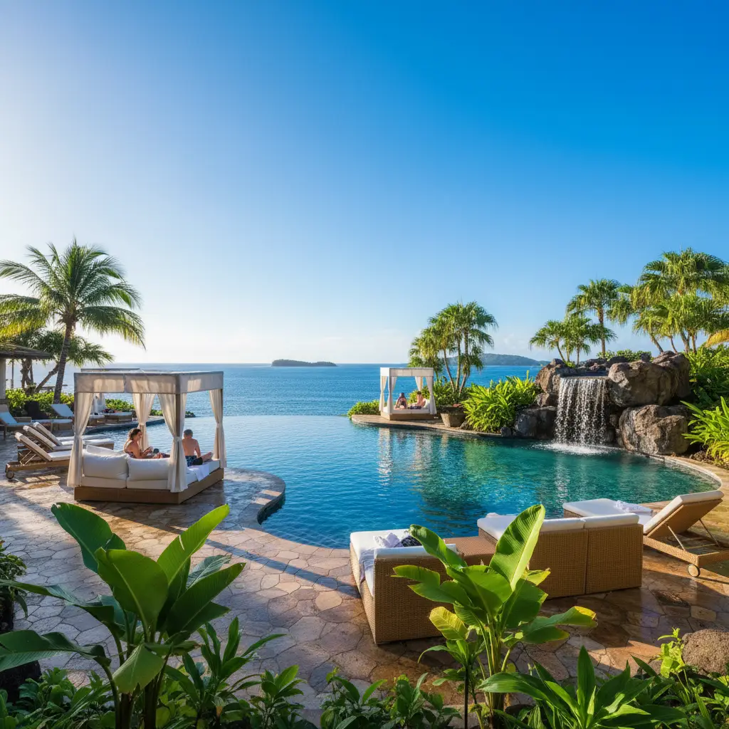 Luxury resort pool in Fiji with few tourists