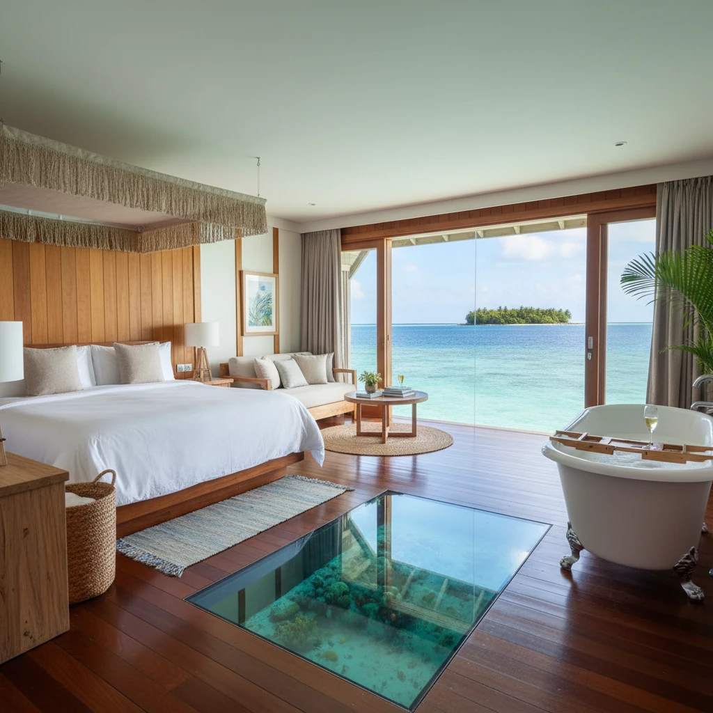 Interior of an Overwater Bure at Likuliku Lagoon Resort