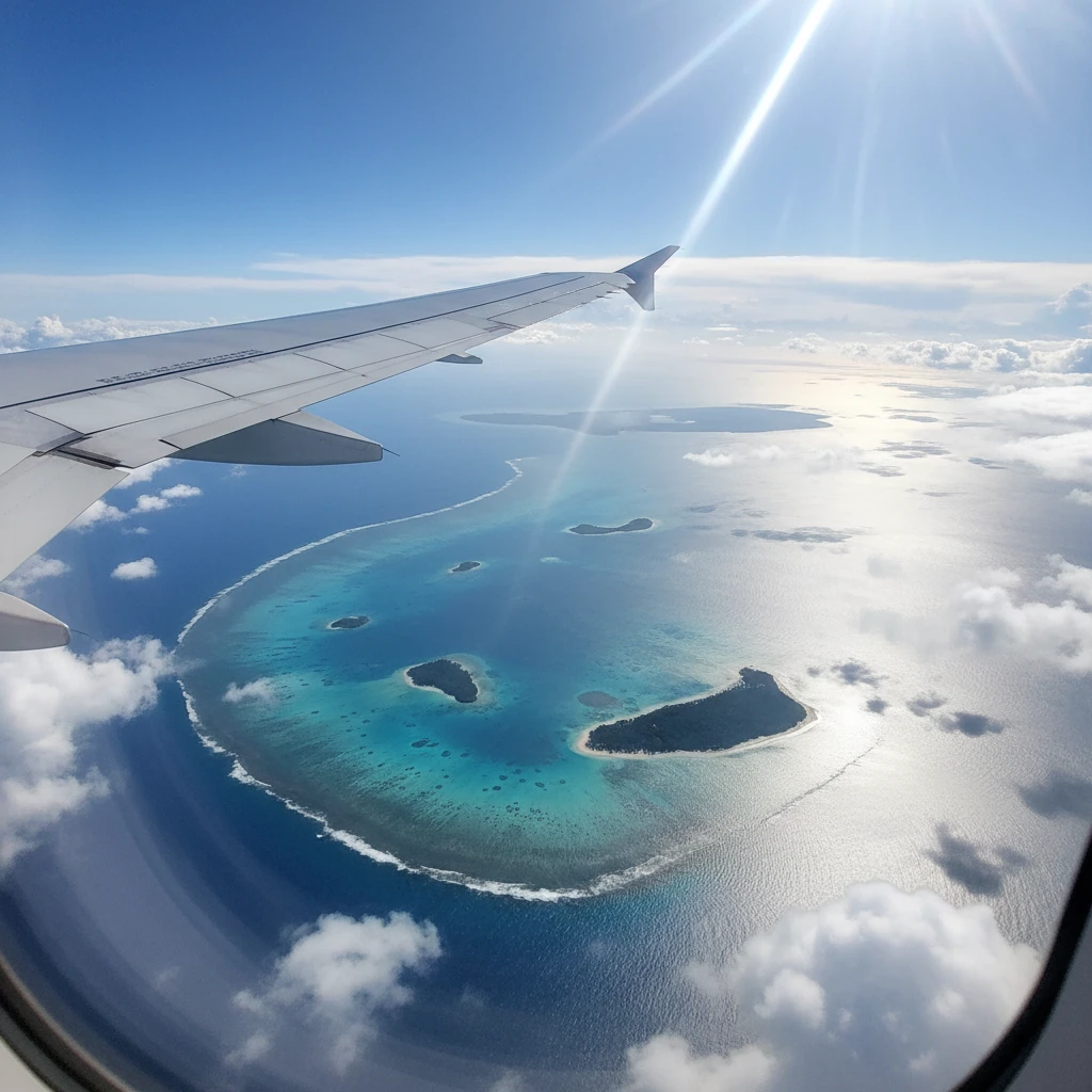 View of Fiji islands from an airplane window during a flight from NZ