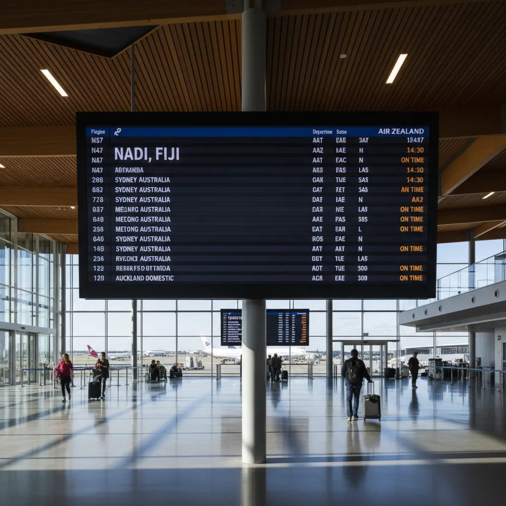 Airport departure board displaying flights to Fiji from NZ