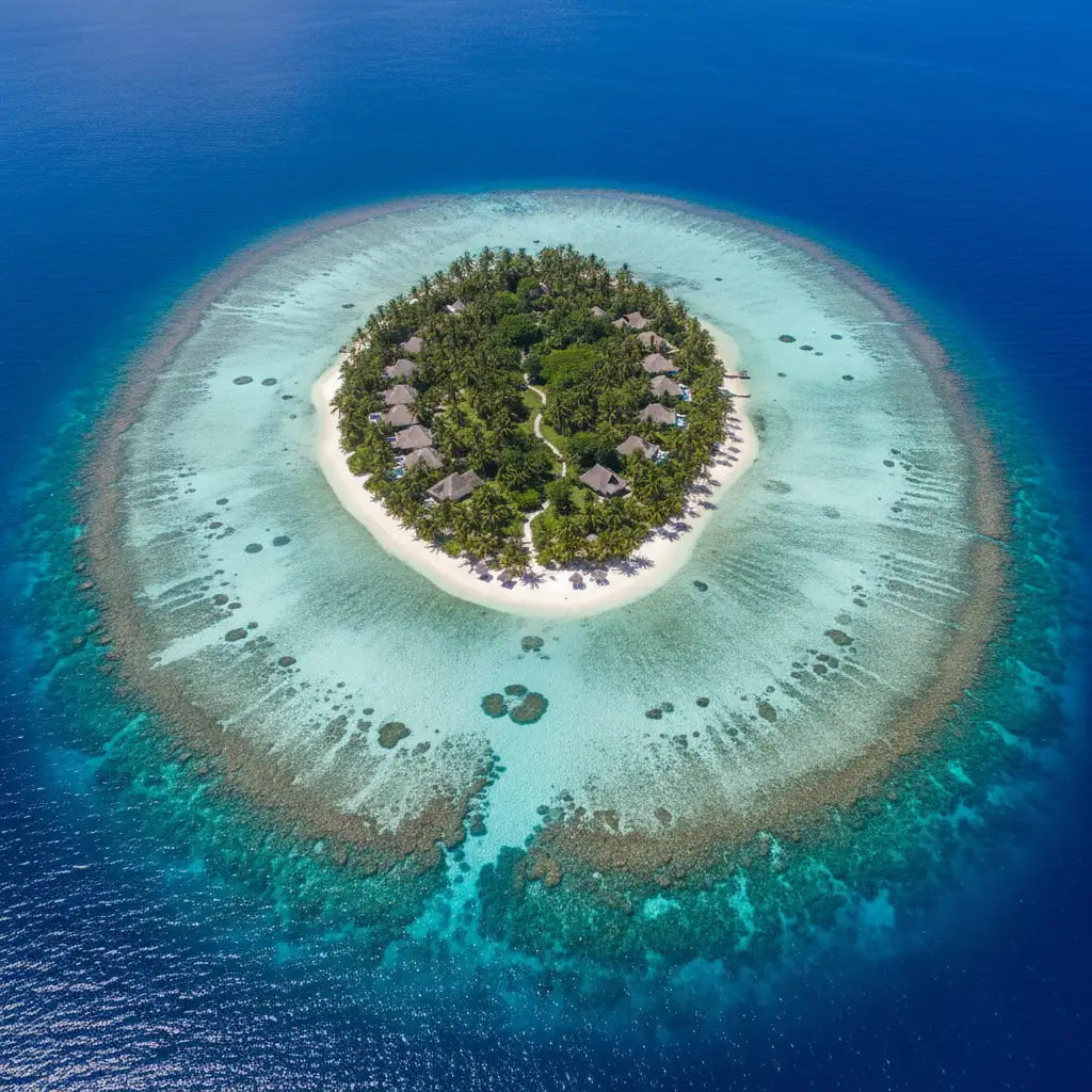 Aerial view of a private island rental in Fiji showing coral reefs