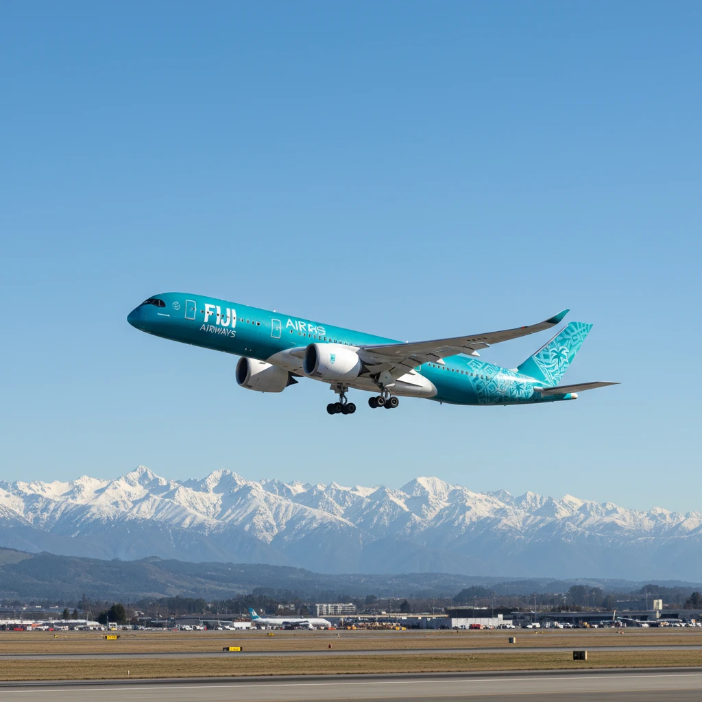Fiji Airways plane departing Christchurch for Nadi