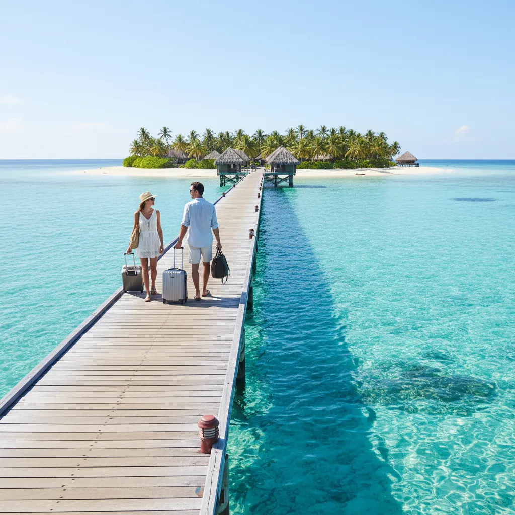 Couple arriving at Fiji island resort