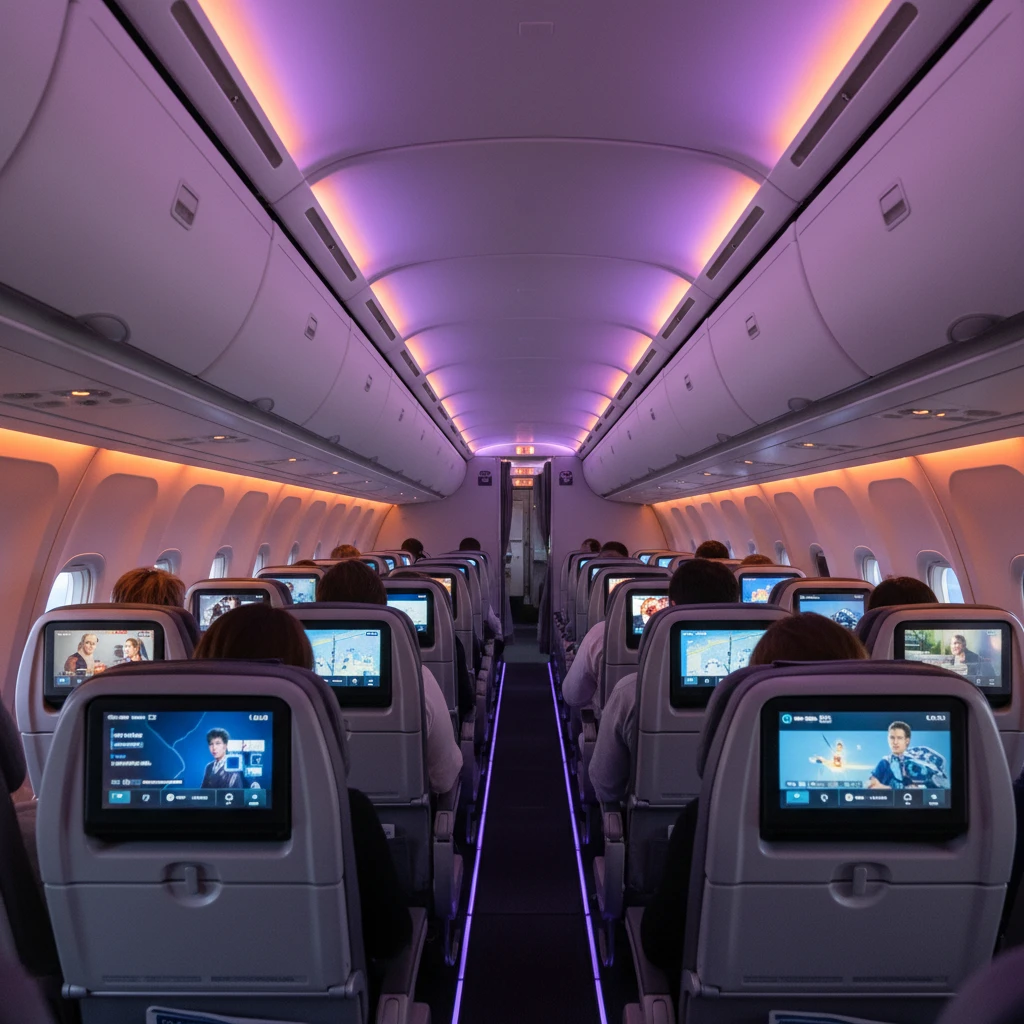 Interior cabin of a modern aircraft flying to Fiji