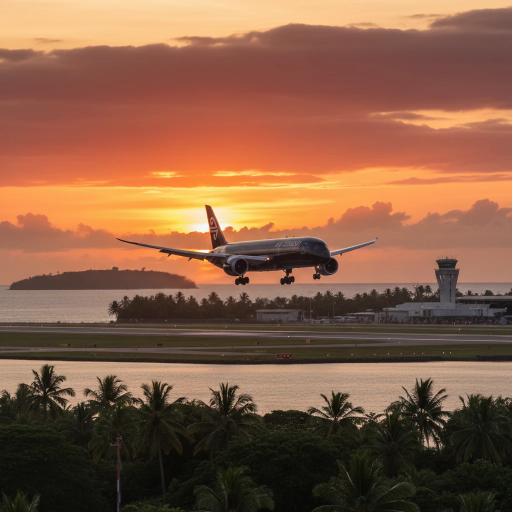 Air New Zealand plane landing in Fiji at sunset
