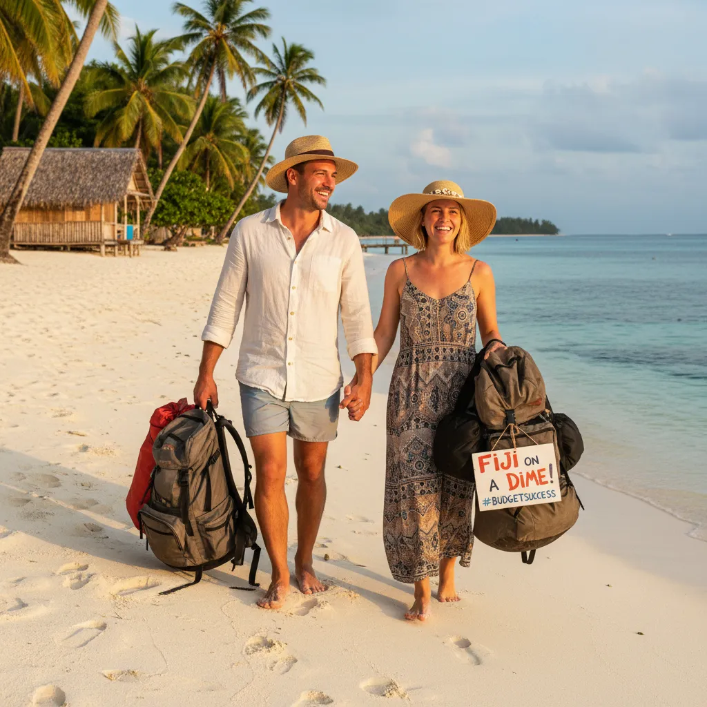 Couple traveling in Fiji with luggage