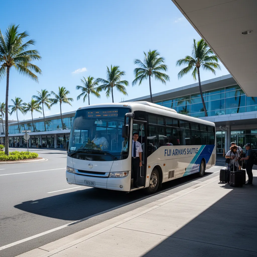 Modern Nadi airport transfer shuttle bus waiting at terminal
