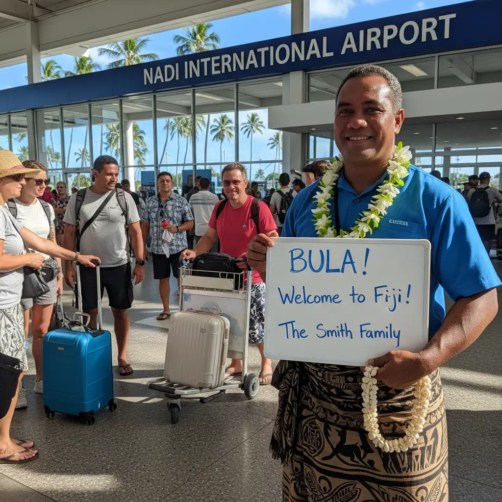 Fijian driver greeting tourists with Bula smile