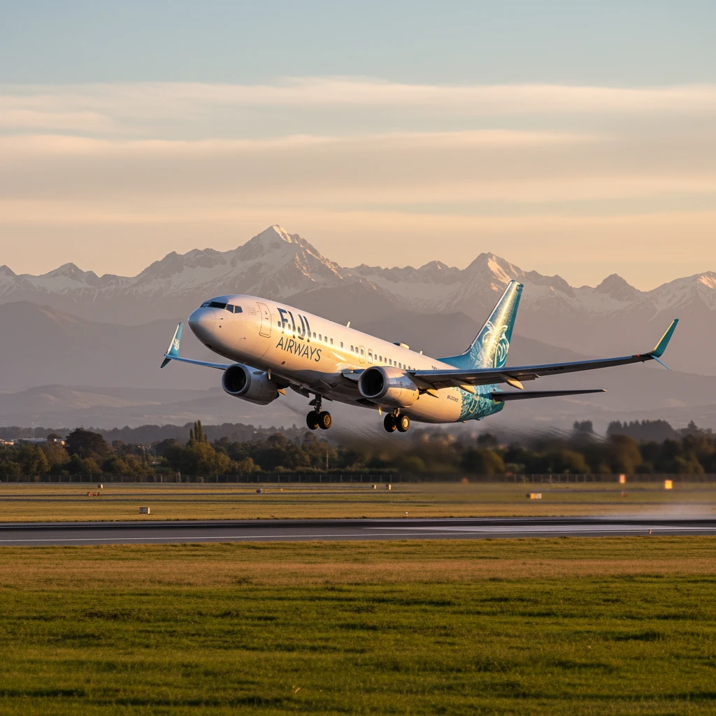 Fiji Airways plane taking off from Christchurch Airport