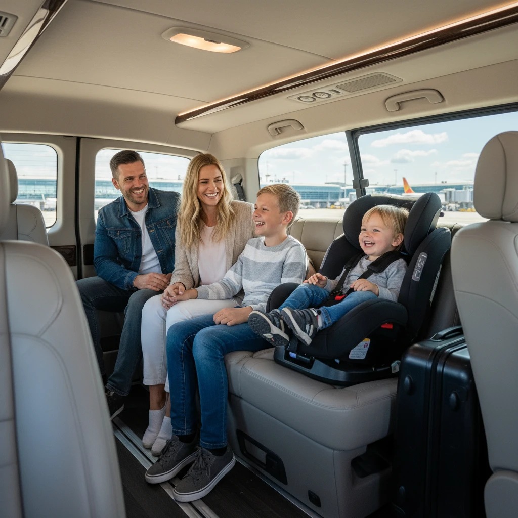Family in airport transfer van with child car seat