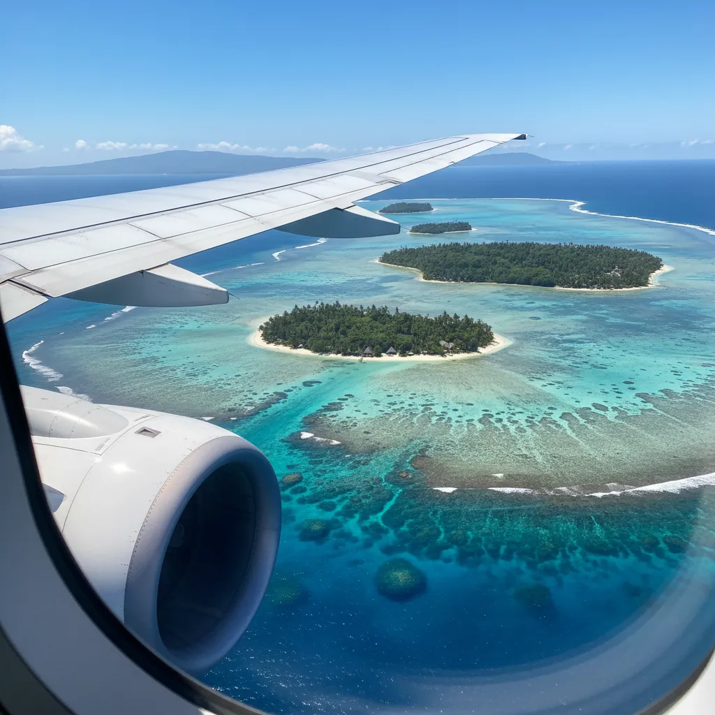 View of Fiji islands from an airplane window during the Auckland to Nadi flight