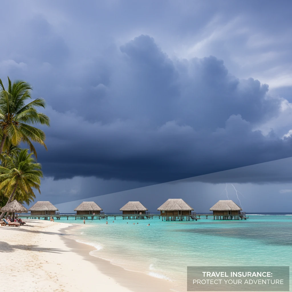 Fiji beach resort with approaching storm clouds representing travel risks