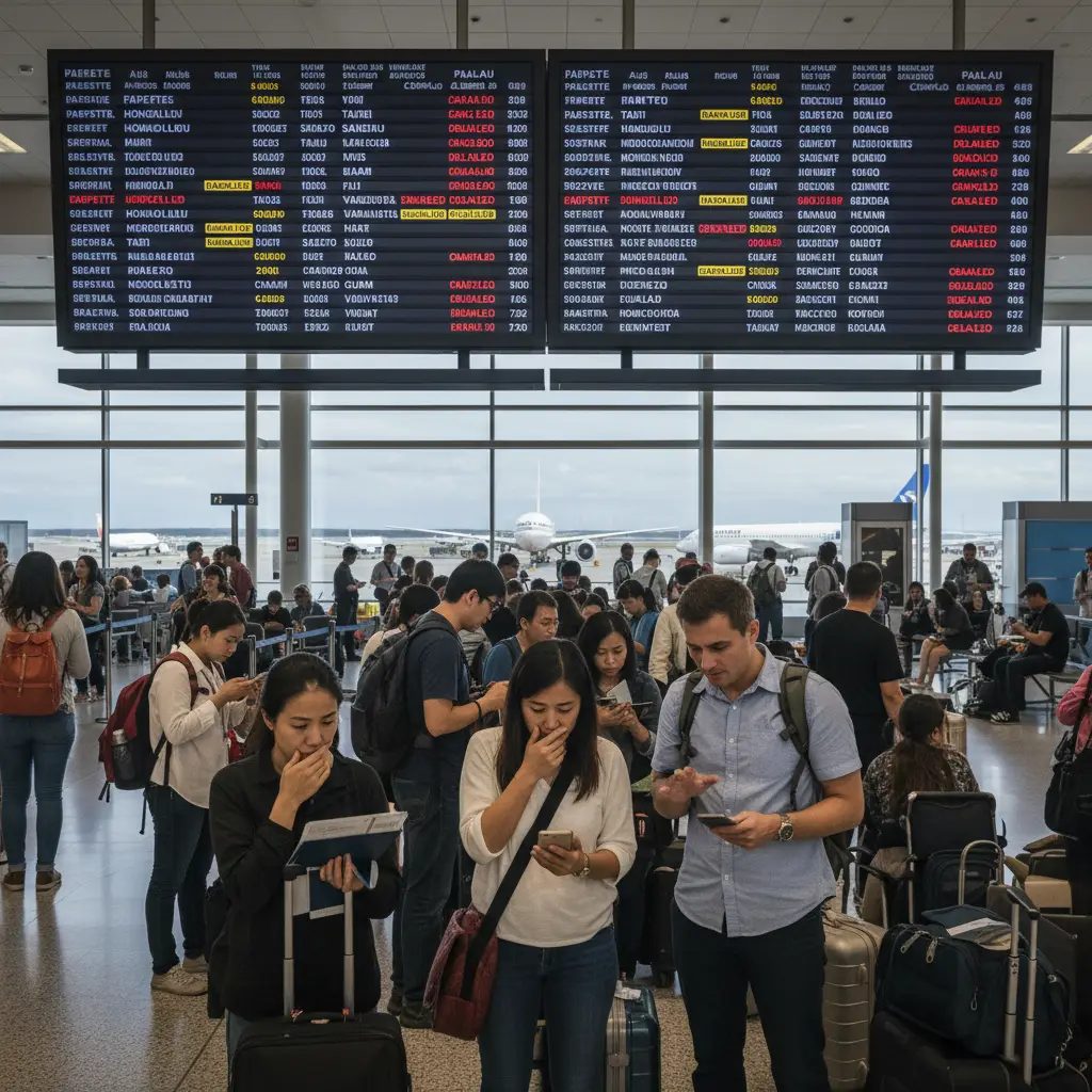 Airport flight information board showing cancelled flights due to weather