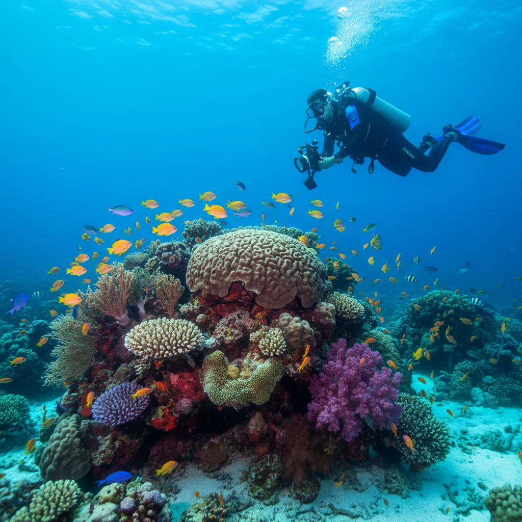Scuba diver exploring coral reefs in Fiji