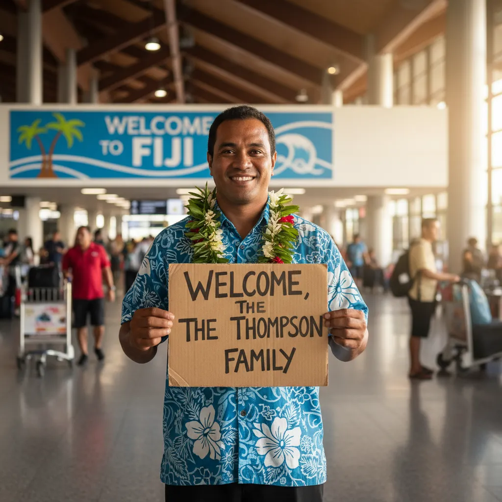 Driver greeting passengers with a name sign at Nadi Airport