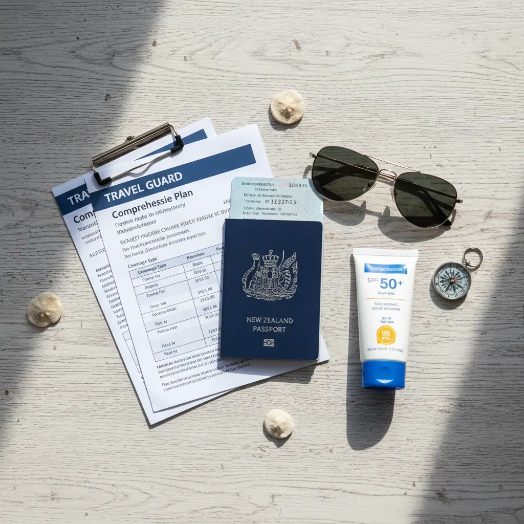 Travel insurance documents and NZ passport ready for Fiji trip