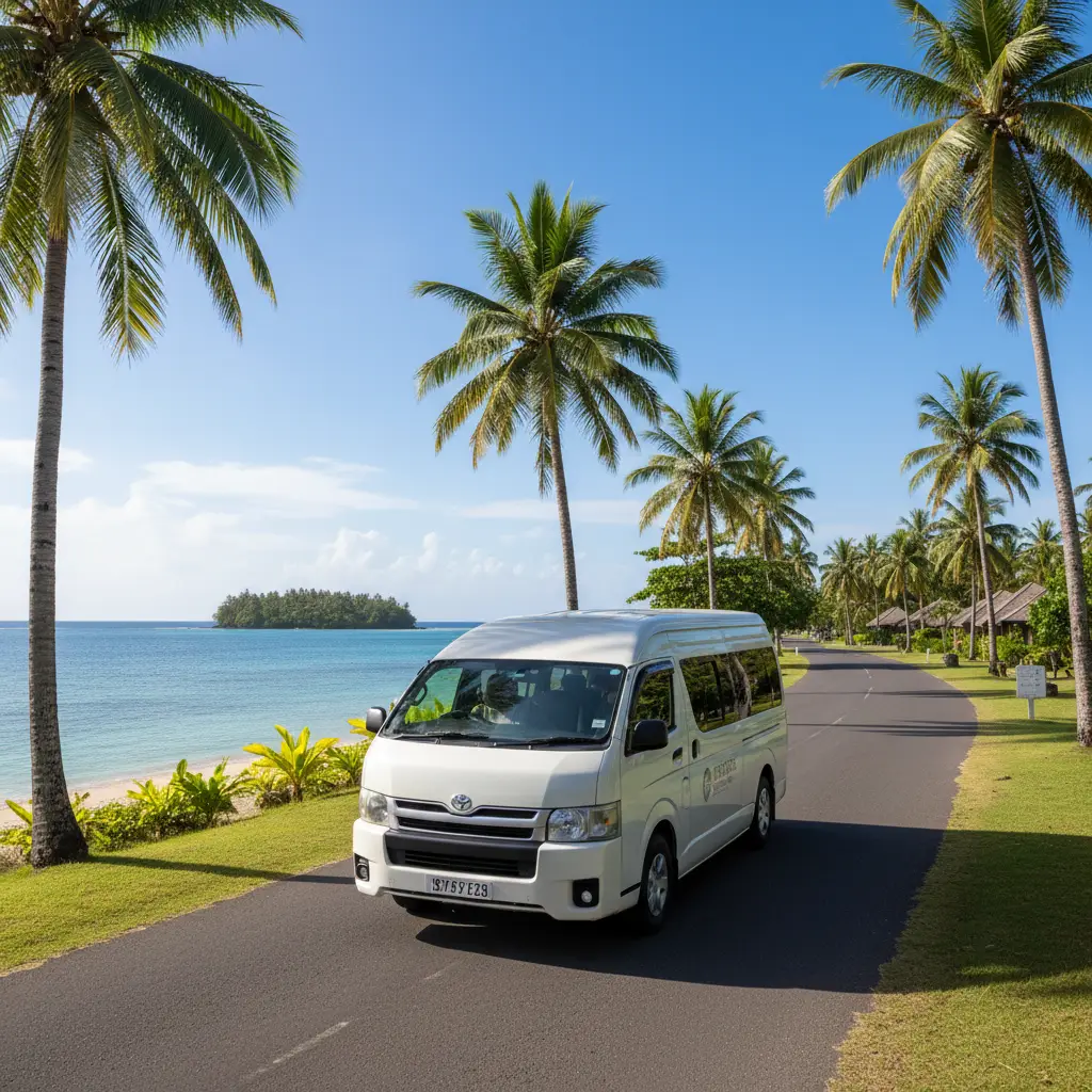 Modern shuttle van driving on a coastal road in Fiji