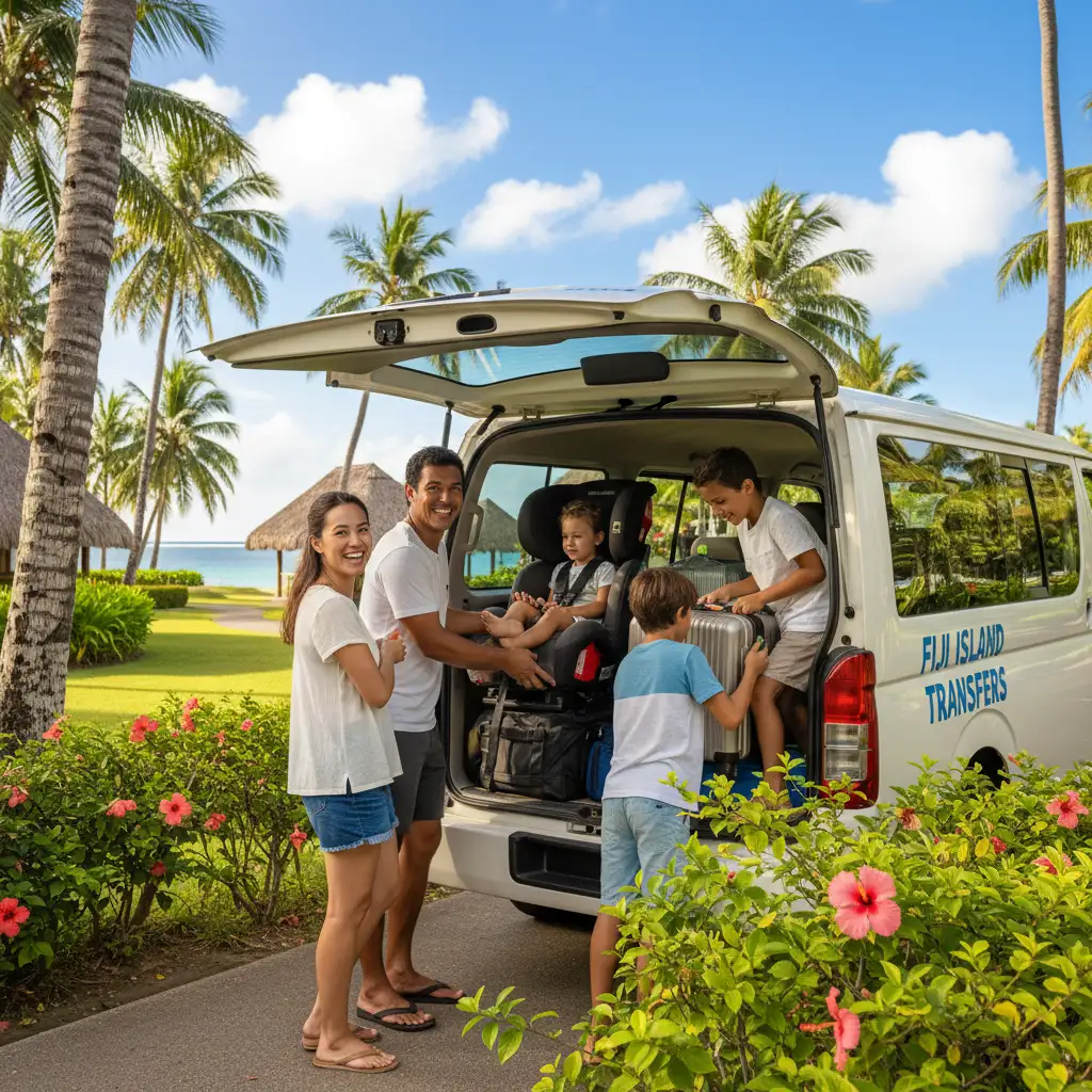 Family loading luggage and car seat into a Fiji airport transfer van