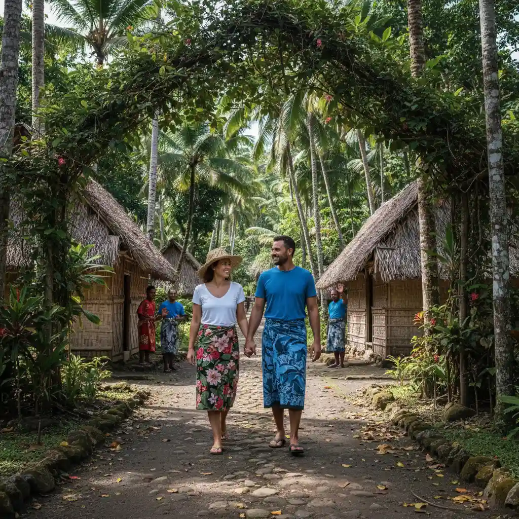 Tourists wearing modest clothing for Fiji village visit