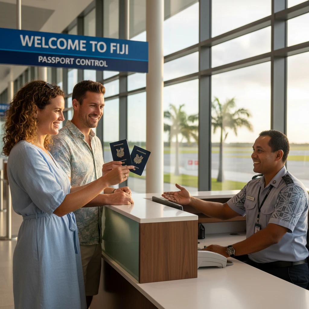 New Zealand travelers at Fiji immigration counter