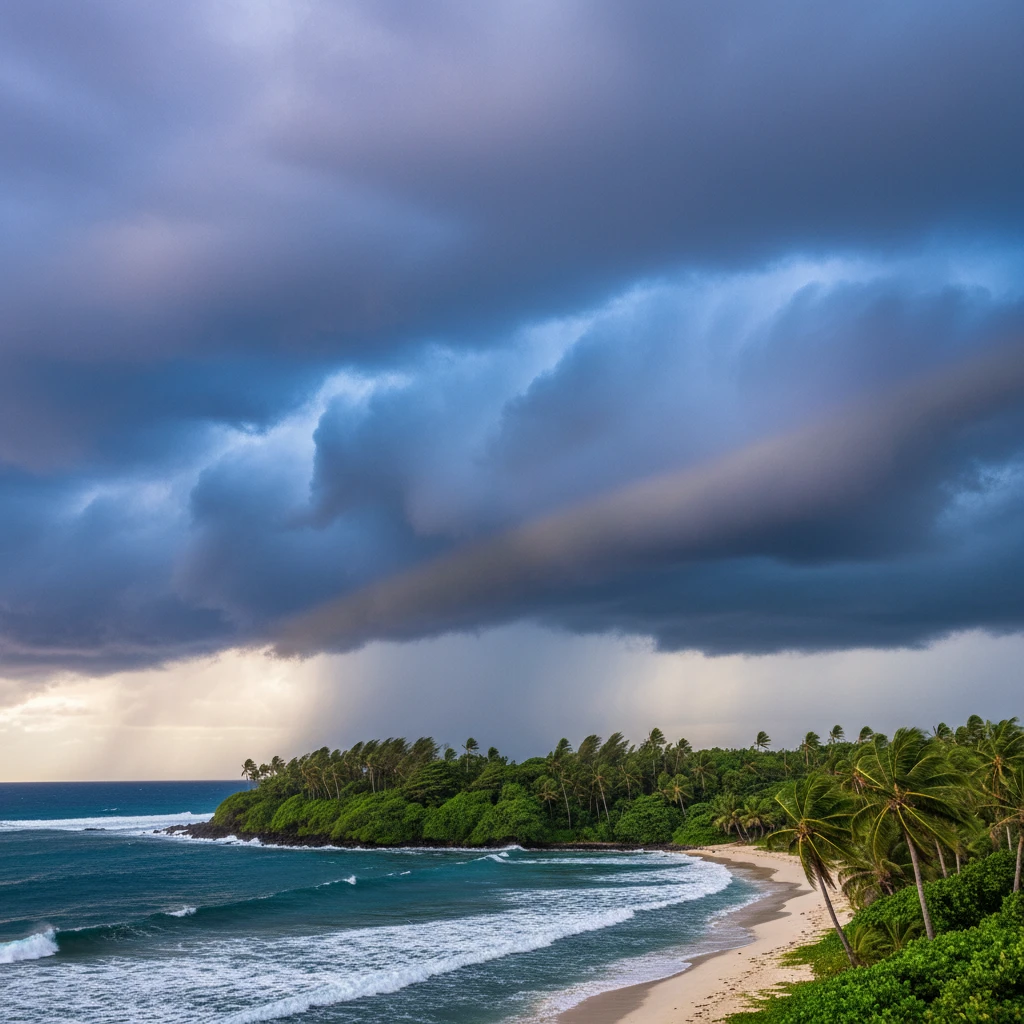 Tropical storm clouds approaching Fiji island