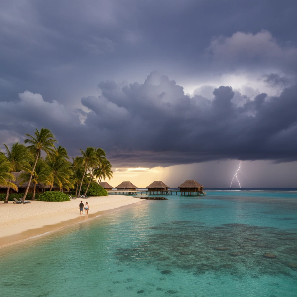 Fiji resort with looming storm clouds illustrating travel risks