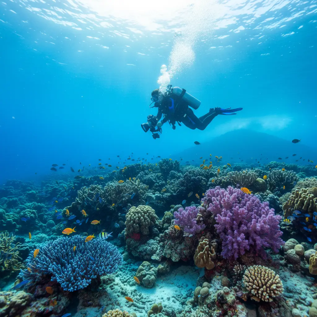 Scuba diver exploring coral reefs in Fiji