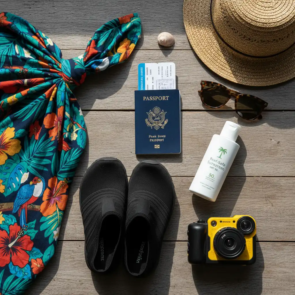 Flat lay of essential items to pack for a Fiji holiday