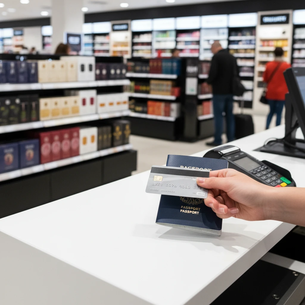 Traveler checking out at duty free store