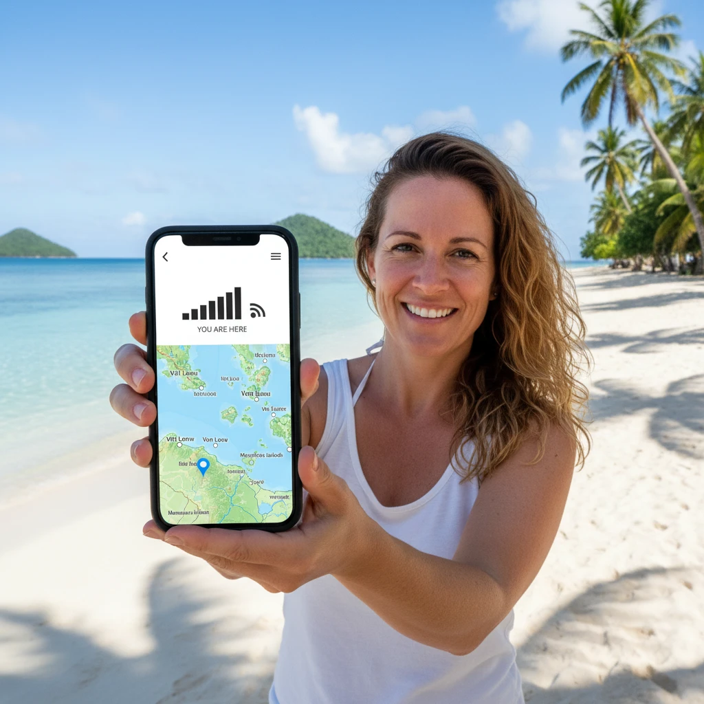 Tourist checking phone signal on a Fiji beach