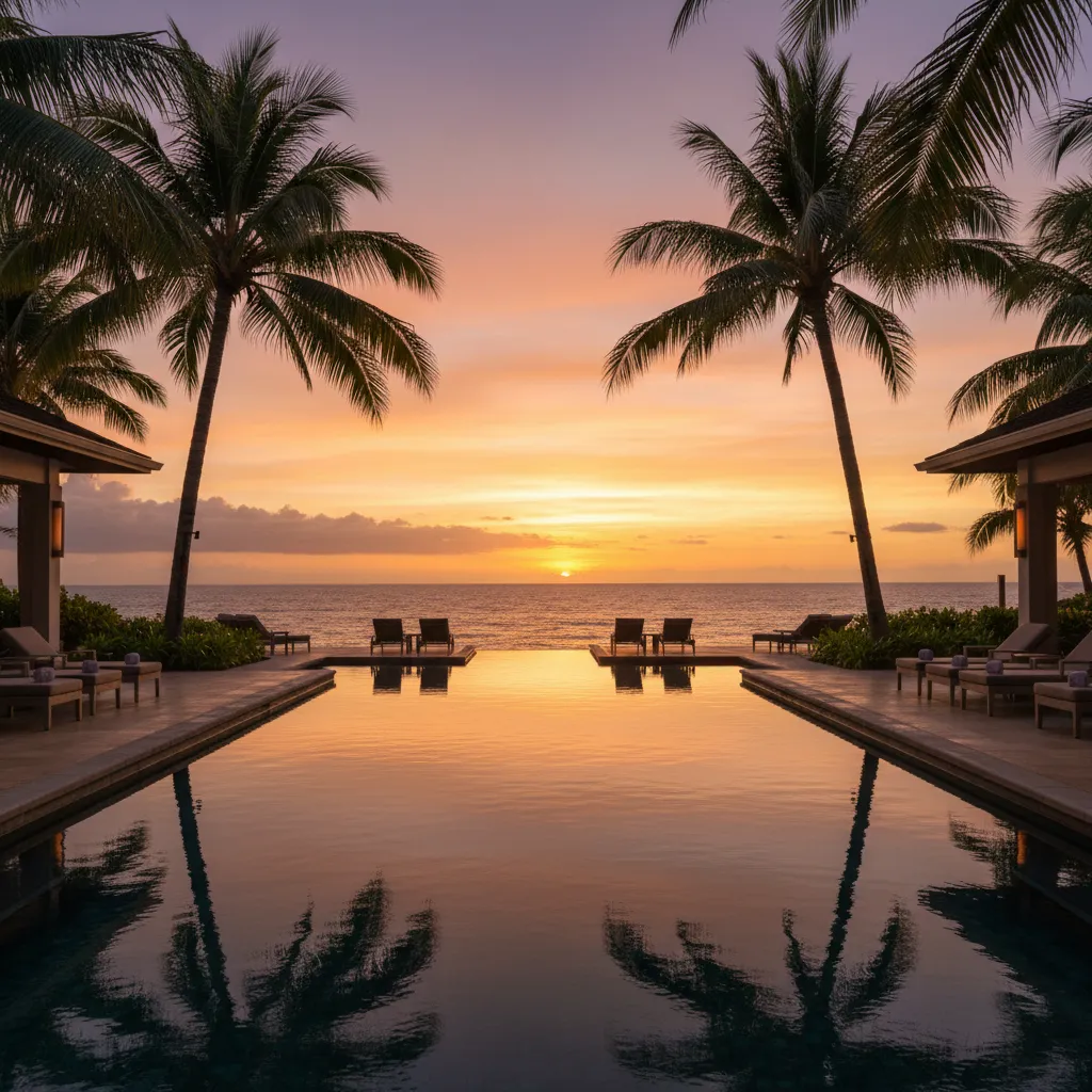 Luxury resort pool in Fiji at sunset