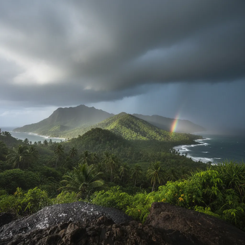 Tropical rainstorm over lush Fiji landscape