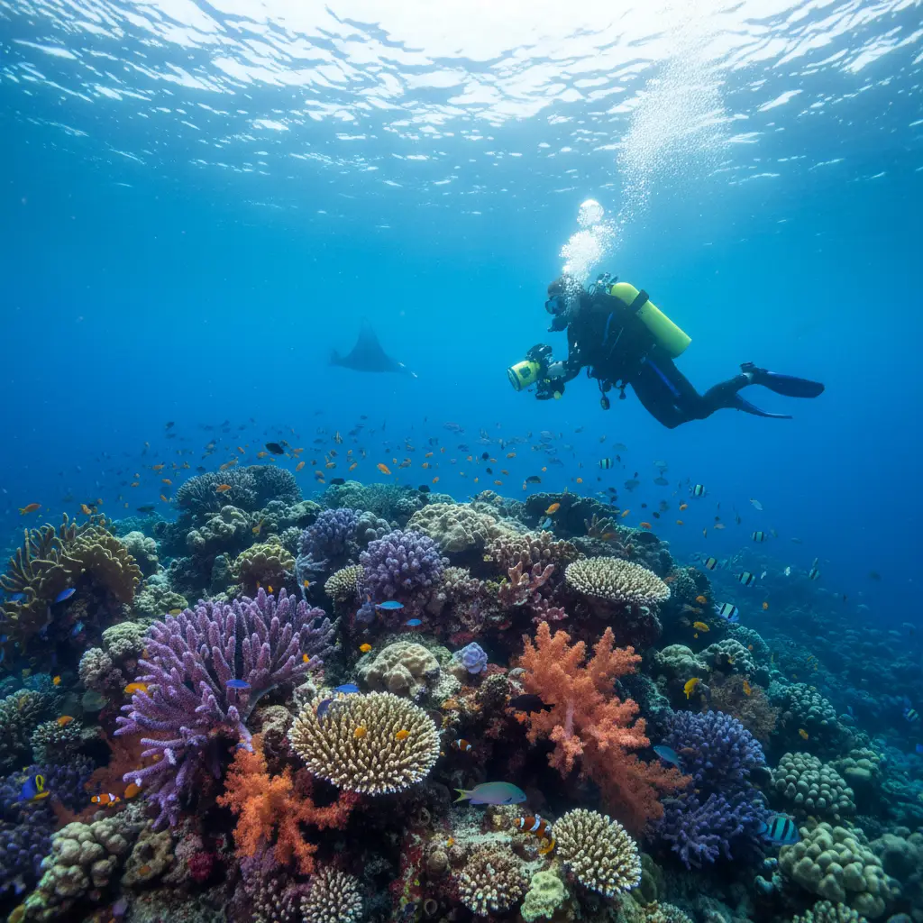 Scuba diver exploring coral reef in Fiji